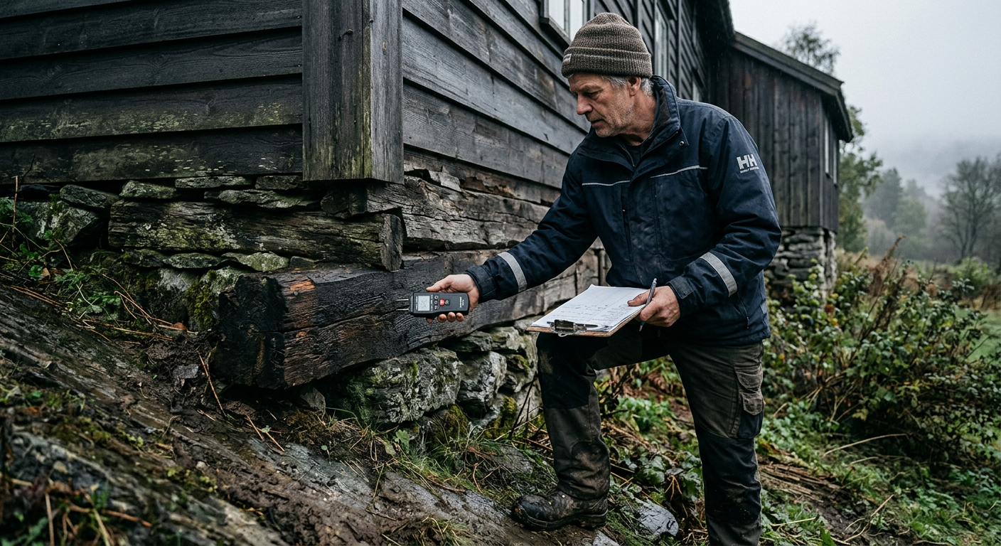 Takstmann måler fukt i en treveggsfasade under befaring