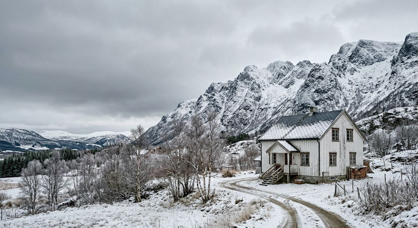 Hvitmalt trehus foran fjell i Salten